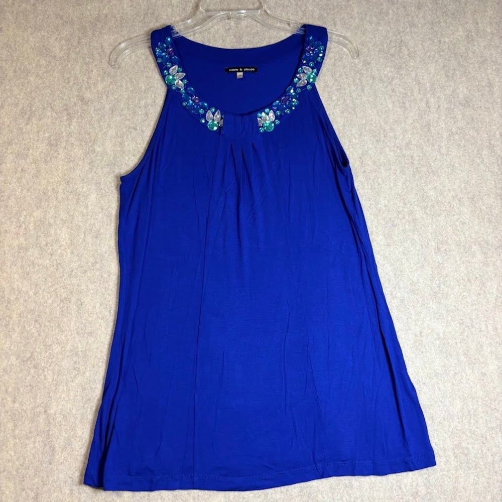 Cable & Gauge Tank Top Womens M Blue Viscose Knit Beaded Jewel Neck Chic Trendy